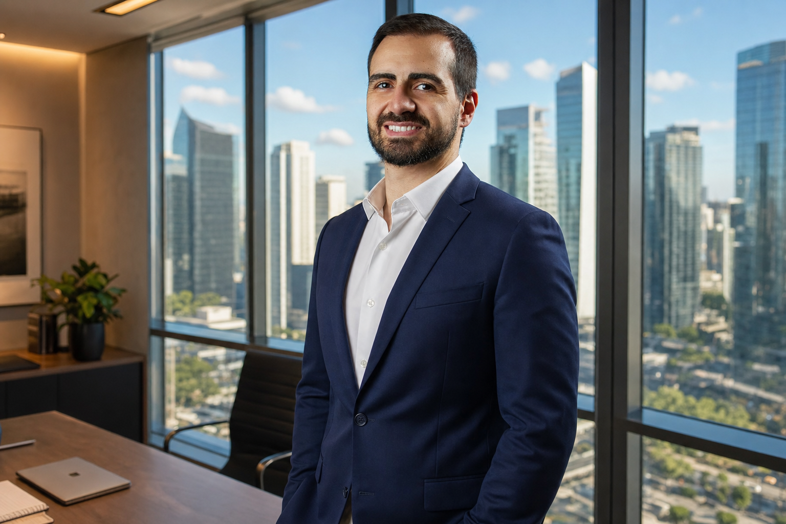 Empresário cliente Woovi no escritório da Faria Lima